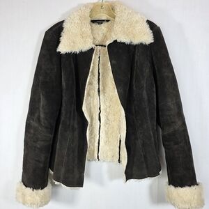 Vtg Express Brown Suede Leather Shearling Jacket Penny Lane Boho Y2K 11/12